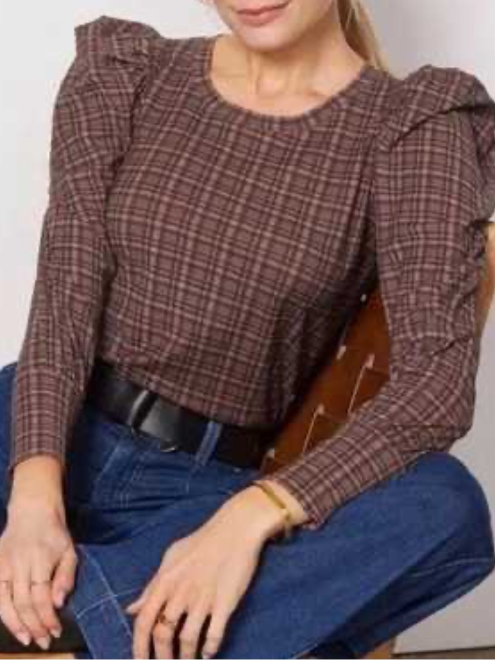Anthropologie Nation Ltd Romy Brown Plaid Puff-Sleeve Crewneck Sweater